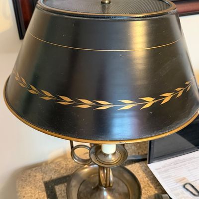 Sale Photo Thumbnail #7: classic bouillotte lamp with a black and gold-painted metal (toleware) shade