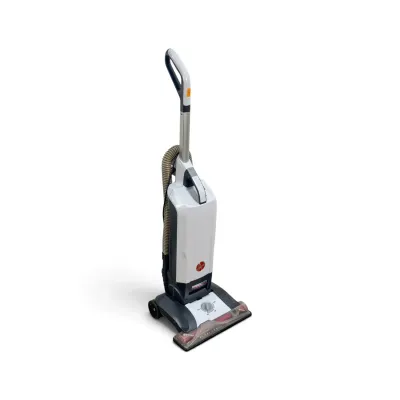 Sale Photo Thumbnail #122: Hoover WindTunnel upright vacuum cleaner in white and grey, featuring an attached hose and adjustable height settings.