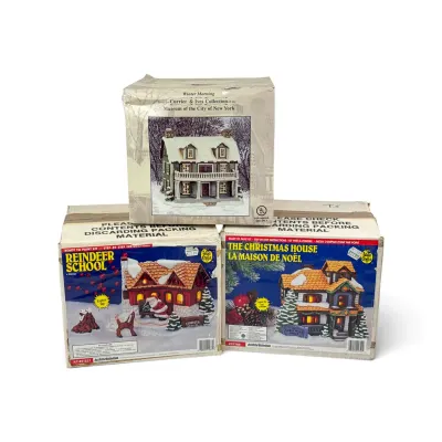 Sale Photo Thumbnail #31: Three vintage Christmas village kits in their original boxes, including a Currier & Ives Winter Morning house and two Wee Crafts ready-to-paint kits for Reindeer School and The Christmas House.