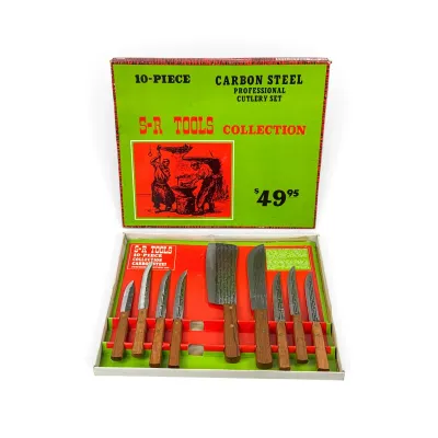 Sale Photo Thumbnail #30: Vintage S-R Tools 10-piece carbon steel professional cutlery set with wooden handles, presented in its original green and red display box.