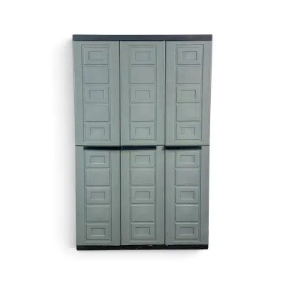 Sale Photo Thumbnail #215: Three-door plastic utility storage cabinet in gray with black trim, featuring paneled doors and integrated handles.