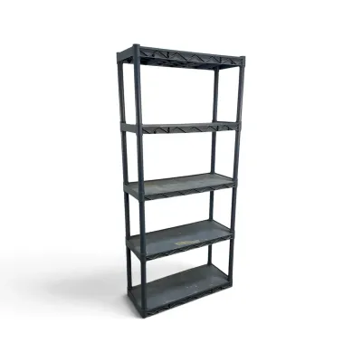 Sale Photo Thumbnail #224: Five-tier black plastic utility shelving unit, showing some wear and dust from garage or basement storage.