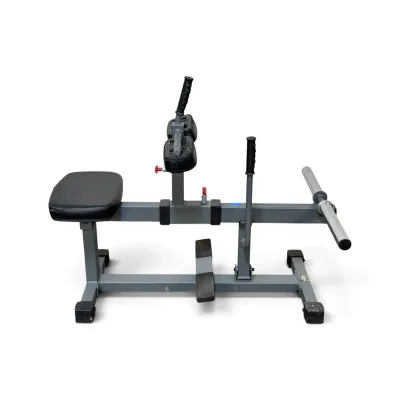 Sale Photo Thumbnail #312: XMark seated calf raise machine with a grey steel frame, black vinyl padding, and dual Olympic weight plate posts.
