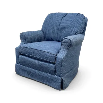 Sale Photo Thumbnail #194: Traditional upholstered armchair in blue patterned fabric, featuring rolled arms, a split back cushion, and a tailored skirt.