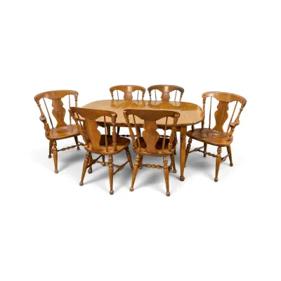 Sale Photo Thumbnail #163: Vintage Ethan Allen colonial style maple dining set, featuring an oval extension table and six matching Windsor-style chairs with fiddleback splats.