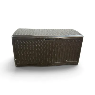 Sale Photo Thumbnail #213: Dark brown plastic outdoor deck box with a faux-wicker texture, showing some minor scuffs and wear.