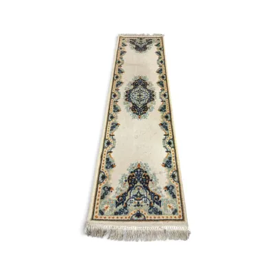 Sale Photo Thumbnail #287: Traditional Persian-style runner rug featuring a cream field with blue and gold central medallions, bordered by intricate floral motifs and finished with white fringe.