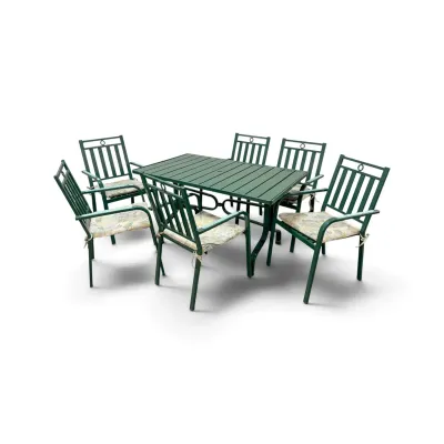 Sale Photo Thumbnail #234: Green metal outdoor dining set including a rectangular slatted table and six matching armchairs with patterned seat cushions.