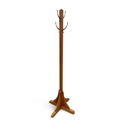 Sale Photo Thumbnail #155: Vintage wooden coat rack featuring a square post, four metal double hooks, and a sturdy four-legged base.