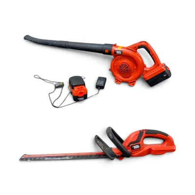 Sale Photo Thumbnail #235: Black & Decker 18V cordless leaf blower and hedge trimmer set, including two batteries and a charger.