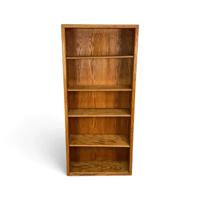 Sale Photo Thumbnail #275: Mid-century modern style oak bookcase featuring five spacious shelves and a prominent wood grain finish.