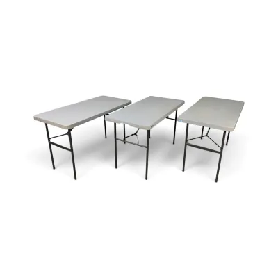 Sale Photo Thumbnail #210: Three rectangular folding utility tables with light gray plastic tops and black metal legs, showing minor wear from use.