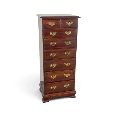 Sale Photo Thumbnail #137: Traditional mahogany lingerie chest featuring seven drawers with brass batwing pulls and bracket feet.