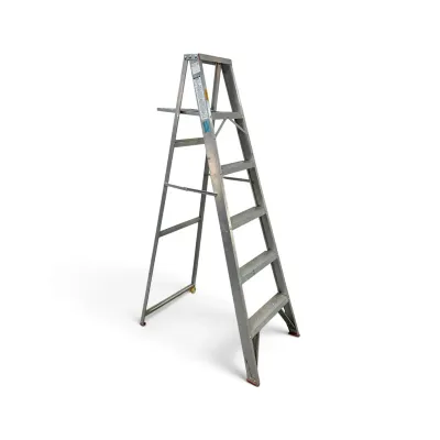 Sale Photo Thumbnail #246: Vintage aluminum A-frame stepladder with a fold-out paint shelf, showing light wear from use.