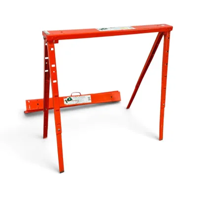 Sale Photo Thumbnail #232: Tote-A-Horse orange folding metal sawhorse, shown assembled with a second unit collapsed in the background.