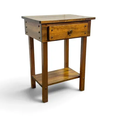 Sale Photo Thumbnail #276: Rustic pine nightstand or side table featuring a single drawer with a wooden knob, exposed nailhead details, and a lower storage shelf.