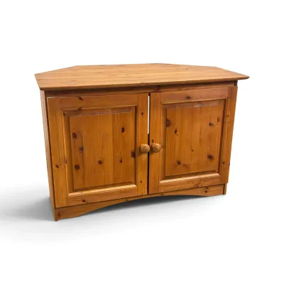 Sale Photo Thumbnail #114: Rustic knotty pine corner media cabinet featuring two raised-panel doors with wooden knobs and a warm honey finish.