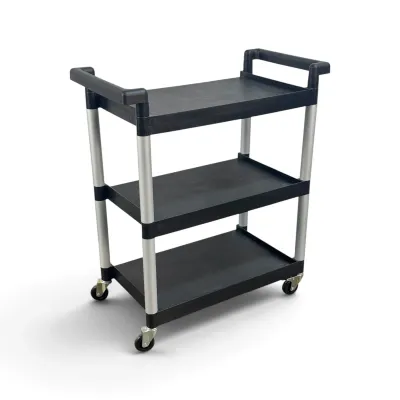 Sale Photo Thumbnail #221: Three-tier utility cart featuring black plastic shelves, aluminum support posts, dual handles, and swivel casters.