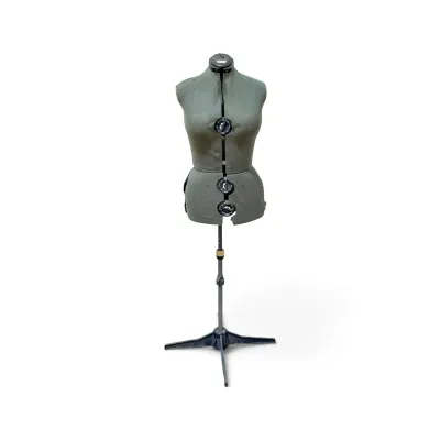 Sale Photo Thumbnail #166: Vintage adjustable dress form mannequin on a metal tripod stand, featuring a fabric-covered torso with size adjustment dials.