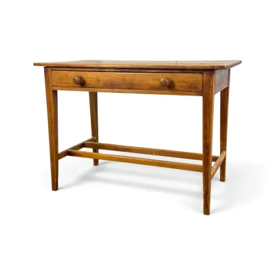 Sale Photo Thumbnail #6: Antique rustic pine writing desk or side table featuring a single wide drawer with wooden knobs and a lower H-stretcher support.
