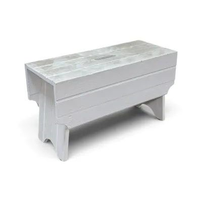 Sale Photo Thumbnail #180: Rustic white-painted wooden bench featuring a slatted top with a built-in carry handle and decorative cutout legs.