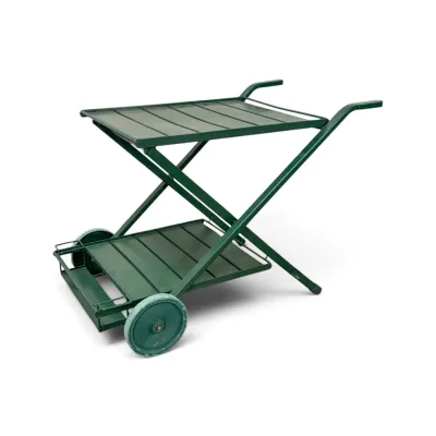 Sale Photo Thumbnail #233: Vintage green metal folding bar cart with two slatted shelves and two wheels, showing minor wear consistent with age.