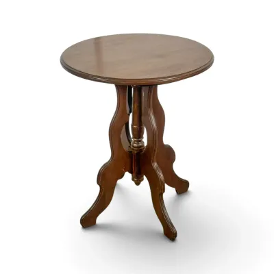 Sale Photo Thumbnail #82: Vintage round wooden accent table featuring a pedestal base with three curved legs and a central turned spindle.