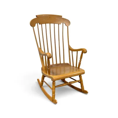 Sale Photo Thumbnail #203: Vintage maple Windsor-style rocking chair featuring a high spindle back, contoured seat, and turned legs.