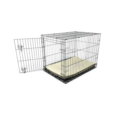 Sale Photo Thumbnail #243: Black wire dog crate with an open side door, featuring a light-colored plush dog bed inside.