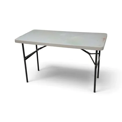 Sale Photo Thumbnail #209: Rectangular folding utility table with a light gray plastic top and black metal legs, showing some surface wear.