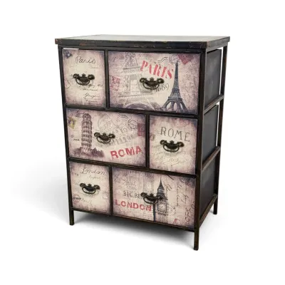 Sale Photo Thumbnail #64: Industrial-style metal chest of drawers featuring vintage European travel-themed graphics of Paris, Rome, and London on the drawer fronts.
