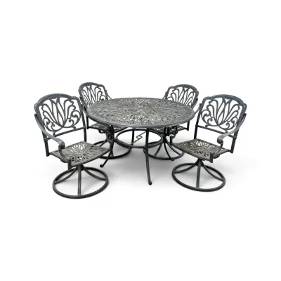 Sale Photo Thumbnail #245: Five-piece cast aluminum patio dining set, featuring a round lattice-top table and four swivel armchairs with decorative openwork backs.