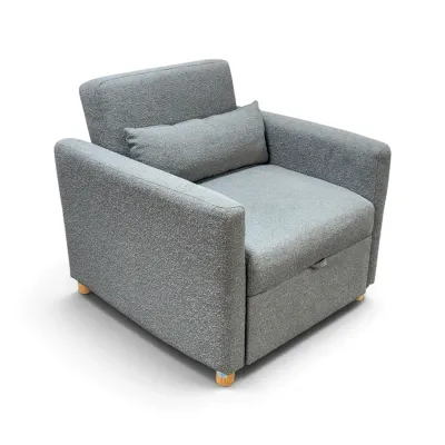 Sale Photo Thumbnail #198: Contemporary grey boucle convertible sleeper armchair with a matching lumbar pillow and light wood legs.