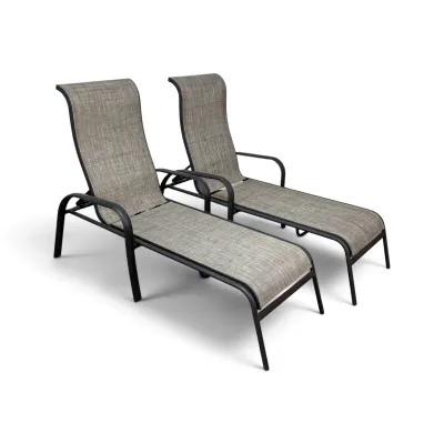Sale Photo Thumbnail #249: Pair of contemporary outdoor chaise lounge chairs featuring dark brown metal frames and light brown woven sling fabric.
