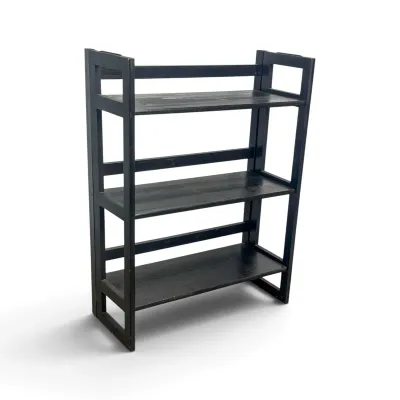 Sale Photo Thumbnail #86: Three-tier folding wooden bookshelf with a black finish, showing minor wear on the edges.
