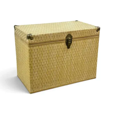 Sale Photo Thumbnail #9: Vintage woven wicker storage trunk with brass-toned corner guards and a central latch closure.