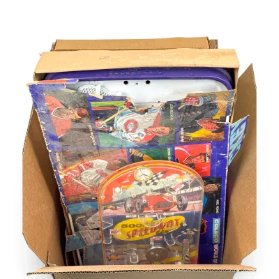 Sale Photo Thumbnail #27: Vintage Coleco World of Hockey table game in its original, heavily worn box, paired with a vintage plastic 500 Speedway pinball game.