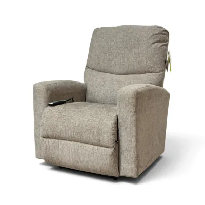 Sale Photo Thumbnail #268: Contemporary power lift recliner upholstered in a textured beige fabric, featuring a wired remote control.