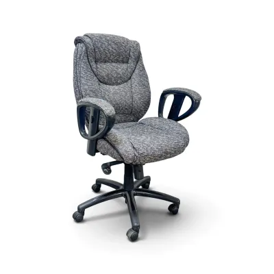 Sale Photo Thumbnail #179: Ergonomic office desk chair upholstered in a textured grey fabric, featuring padded armrests and a five-star rolling base with height adjustment.