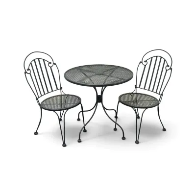 Sale Photo Thumbnail #244: Three-piece black wrought iron bistro set, featuring a round mesh-top table and two matching chairs with scrollwork details.