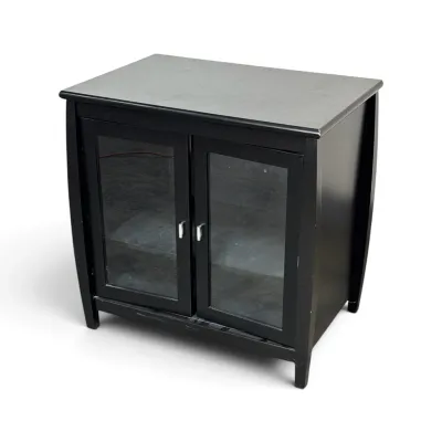 Sale Photo Thumbnail #317: Contemporary black wooden media console or accent cabinet featuring two glass-front doors with silver-tone pulls and slightly bowed side panels.