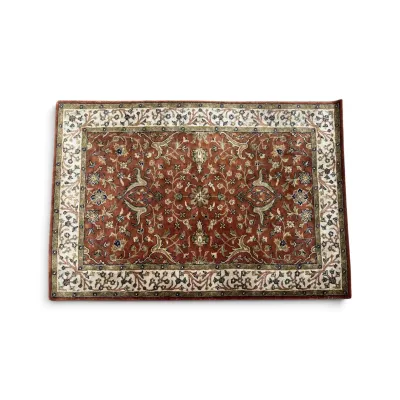 Sale Photo Thumbnail #297: Traditional Persian-style area rug featuring a rust-red field with intricate floral vine motifs and a cream-colored border.