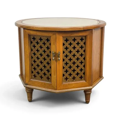 Sale Photo Thumbnail #55: Mid-century modern octagonal commode end table with a laminate top, lattice-cut double doors, and turned legs.