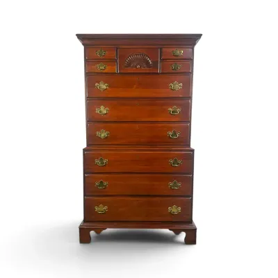 Sale Photo Thumbnail #62: Chippendale style cherry chest-on-chest dresser, featuring a fan-carved top drawer, brass batwing pulls, and bracket feet.