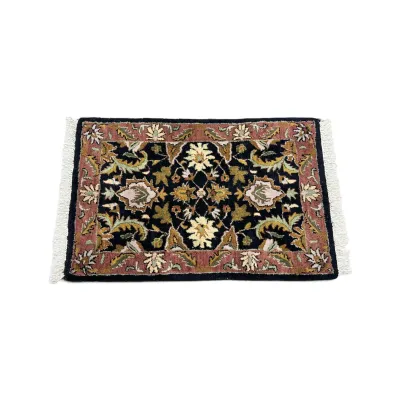 Sale Photo Thumbnail #286: Small hand-tufted wool rug featuring a traditional Persian floral design in black, rose, and olive green with white fringe.