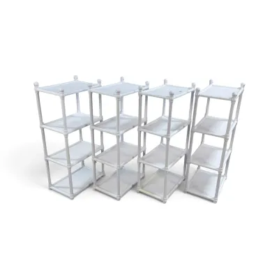Sale Photo Thumbnail #279: Four matching white faux-bamboo four-tier shelving units, ideal for a bathroom, closet, or sunroom.