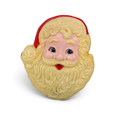 Sale Photo Thumbnail #28: Vintage molded plastic Santa Claus face decoration, featuring a classic mid-century design with painted details.