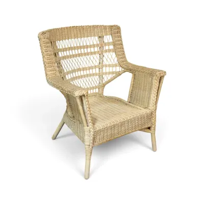 Sale Photo Thumbnail #259: Vintage natural wicker armchair featuring an open-weave backrest and braided trim details.