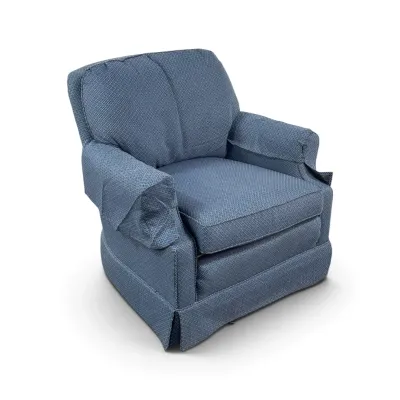 Sale Photo Thumbnail #127: Traditional upholstered armchair in blue patterned fabric, featuring rolled arms with arm covers and a skirted base.