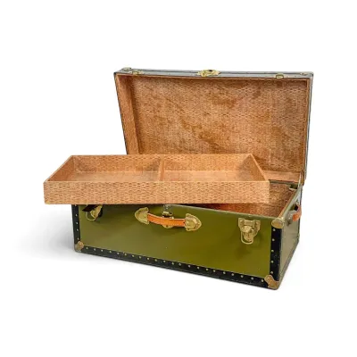Sale Photo Thumbnail #54: Vintage olive green steamer trunk with brass hardware, leather handles, and a removable interior tray.